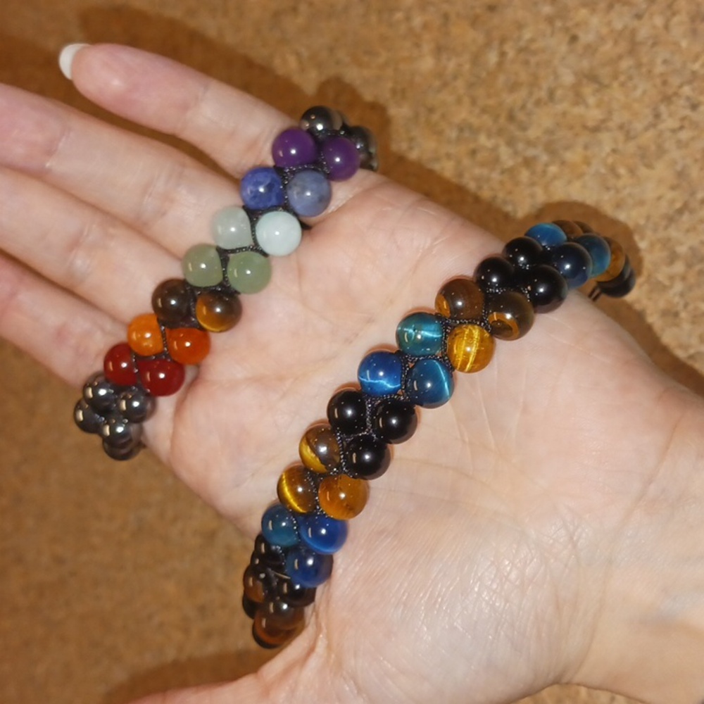 2 Big Beaded Bracelets. NWOT. Adjustable Fit. Comfy. Colorful. Rainbow. Blue.